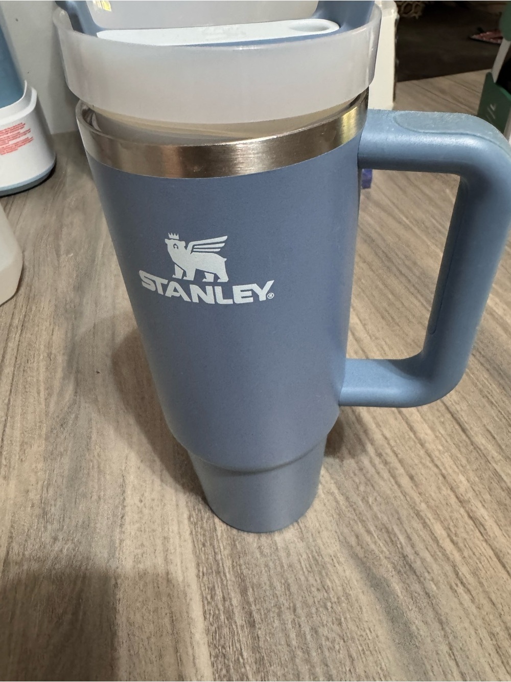 Stanley Matte Blue Travel Mug with Handle and White Logo